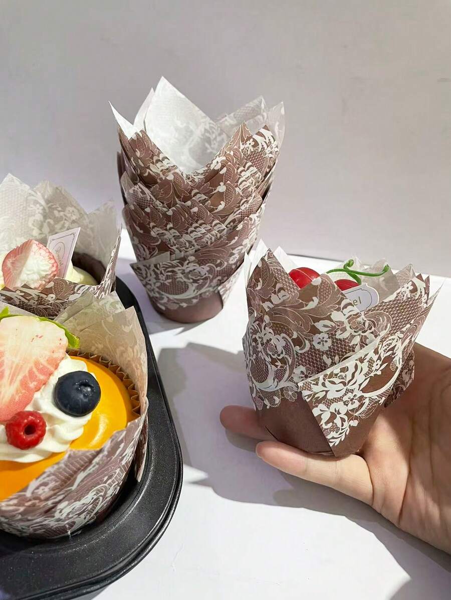 50 cái/100 cái/150 cái/200 cái giấy lót bánh cupcake hình hoa tulip ren, cốc nướng chống dính, thích hợp cho tiệc cưới, sinh nhật. - Xem 1