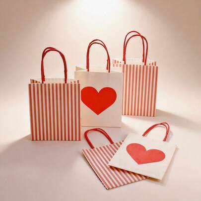 牛皮纸礼品袋 | 红色爱心印花情人节礼品袋 | 红色带提手派对纸袋 | 可折叠购物及派对手提袋 | 情人节装饰购物袋