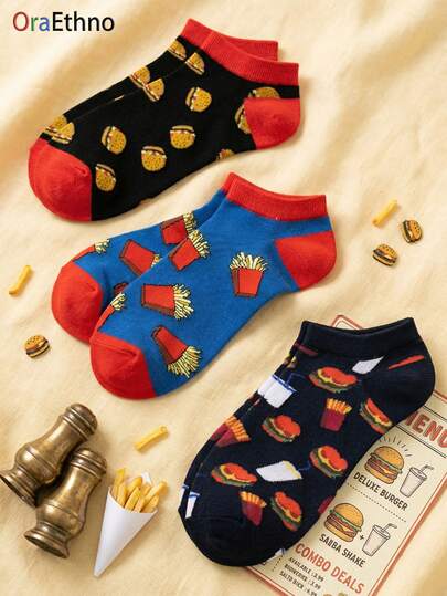 3 đôi tất nam chủ đề đồ ăn nhanh hài hước (với hình ảnh hoạt hình bánh mì kẹp thịt và khoai tây chiên) Tất in hình hoạt hình, màu sắc tương phản, thấm hút mồ hôi và khử mùi, mềm mại, thoải mái, mới lạ, thú vị và nhẹ, quà tặng vui nhộn dành cho cha, con trai, ông, chồng, bạn trai, những người yêu thích đồ ăn và đồ ăn vặt vào ngày sinh nhật, Ngày của Cha, các bữa tiệc thông thường và các sự kiện theo chủ đề. Món quà tuyệt vời nhất dành cho bố/ông/con trai, vợ, con gái và bạn trai với chủ đề đồ ăn vui nhộn, tất dùng được cả bốn mùa.