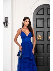 Greek Goddess Gala Dress In Tulle Without Glitter, With Capes And Invisible Zipper - Royal Blue - View 3
