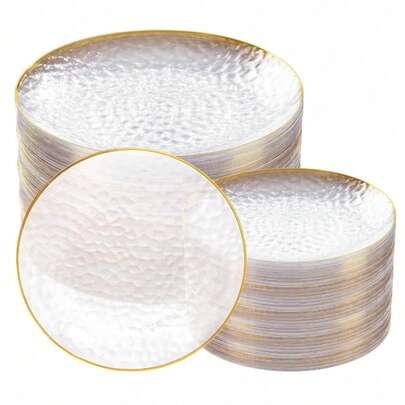 1 chiếc đĩa tiệc viền vàng dập nổi, bộ đồ ăn, đĩa salad, bộ đồ dùng tiệc tùng, khay, đĩa phục vụ 10 inch và 7.2 inch, thích hợp cho nhiều loại tiệc tùng, ngoài trời, đám cưới, nhà hàng.