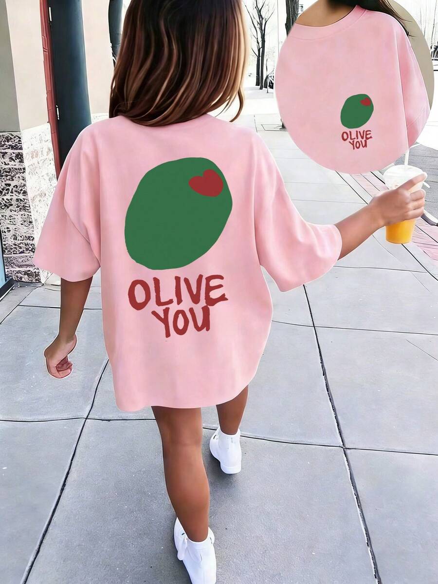 Camiseta con estampado de oliva "Olive You" para niña preadolescente, de tela suave y cómoda, adecuada para que las niñas la usen para viajes, vacaciones, deportes al aire libre, uso diario, viajes casuales, ¡la mejor opción! Parte superior casual y versátil de moda para niñas preadolescentes en primavera y verano - Rosa - Ver 1
