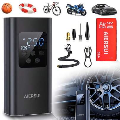 便携式空气压缩机 - 车载配件，轮胎充气泵/智能气泵，带 LED 灯，150PSI 有线/无线 USB 充电，12V 车载点烟器接口，耐用设计，配备 DC12V/7.4V 2000mAh 快速充气迷你轮胎泵，适用于汽车、摩托车、自行车和球类，户外运动和旅行