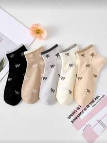 5 Pairs Women's Cute Breathable Bow Pattern Short Socks, Simple Comfortable Boat Socks, White And Black, Suitable For Daily Casual Wear In Autumn/Winter And All Seasons - Multicolor - View 8