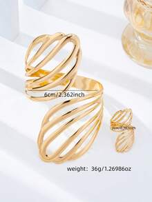 1 Set Geometric Hollow Women's Ring And Bracelet Set - Golden Leaf Bracelet Set - View 2