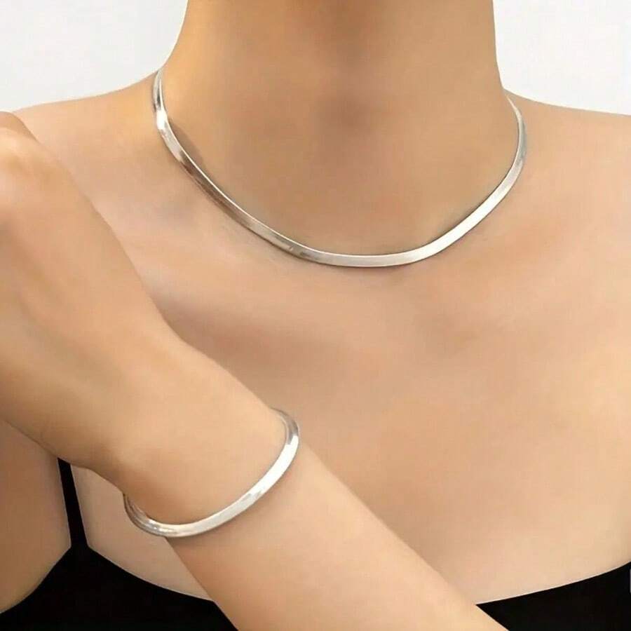 2 piezas Conjunto de collar y pulsera de hueso de serpiente de estilo minimalista de aleación, joyería elegante y exquisita de alta gama adecuada para ocasiones diarias, de trabajo y de fiesta, verano, joyería, festival, elegante - Plateado - Ver 1