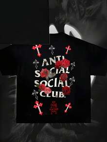 Anti Social Club Graphic Cropped T-Shirt For Boys And Girls Men, Women All Ages Family T-Shirt Letter New Streetwear Clothing Harajuku T-Shirt Cotton Half Sleeve Tee, Y2K Style Casual Cotton Classic Crewneck Design Tee - Black - View 3