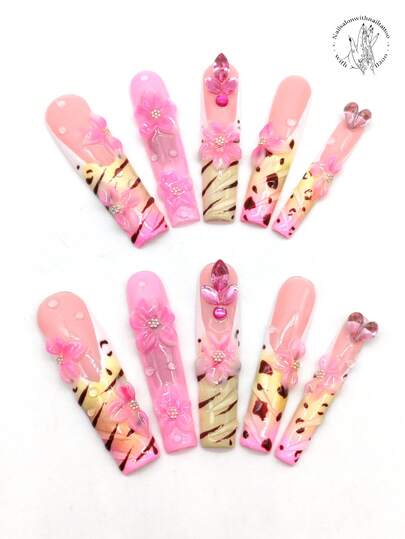 10 Móng giả dán thủ công, dài 55mm, hình dáng quan tài, màu hồng, hiệu ứng chuyển màu trắng và vàng, chấm màu cà phê, đường nổi, hoa nổi 3D, trang trí đá hồng. Móng giả dễ thương, móng giả mùa xuân.