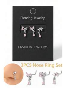 Set de 3 piezas de 20G de pendientes en forma de L con tarjeta - Anillos para la nariz con mariposa de corazón de CZ rosa, joyería de piercing nasal, piercing de nariz de oro/plata para mujeres - 3 unids/set - Ver 7