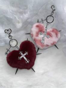 朋克风豹纹铆钉十字架钥匙扣，朋克摇滚风心形包包挂饰，哥特风红色钥匙扣饰品，节日毕业教师节礼物，生日礼物，母亲节礼物 - 彩色 - 查看 6