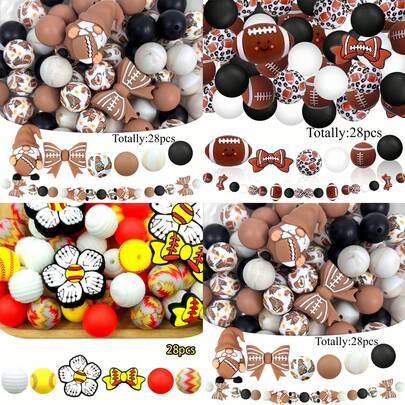 28颗硅胶珠，运动元素，包括橄榄球运动员、蝴蝶结、花卉、豹纹、橄榄绿球、心形等时尚设计，适合珠宝制作，是DIY手链、挂绳、串珠笔、节日装饰和其他手工艺品的理想之选——完美的生日、春季、夏季、父亲节、母亲节礼物制作配件——串珠套装，串珠用品