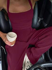 Women's Casual Sleeveless Crop Top & Loose Matching Set, Fashion Vacation Outfit, Spring/Summer - Burgundy - View 4