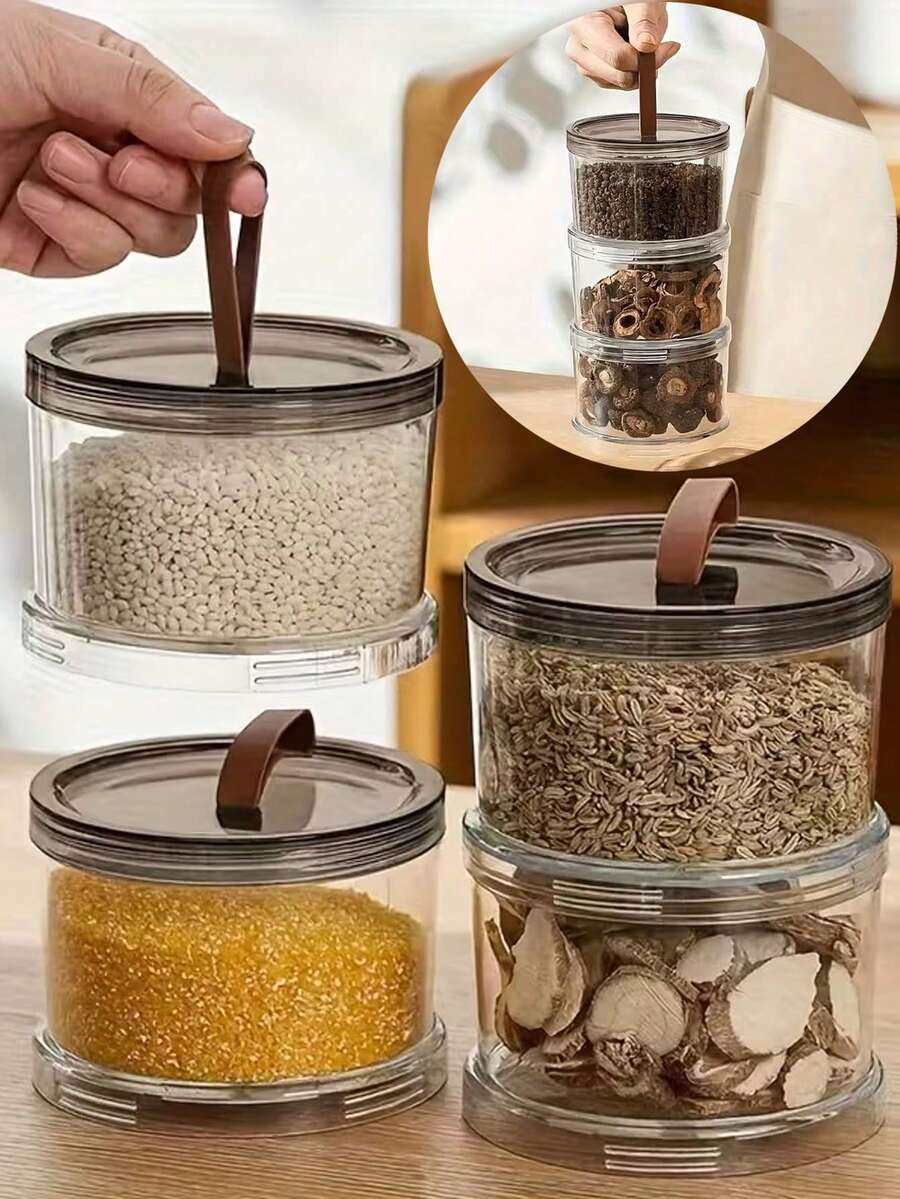 3pcs Circular Portable Spice Storage Containers (3 Pieces Set), Multi-Layer Airtight Food Storage Jars, Grain Storage Canisters, Pepper & Star Anise Spice Storage Boxes, Kitchen Countertop Pepper Spice Storage Containers, Suitable For Refrigerator, Countertop, Cabinet, Pantry, Shelves, Reusable Dry Goods Containers - Multicolor - View 1