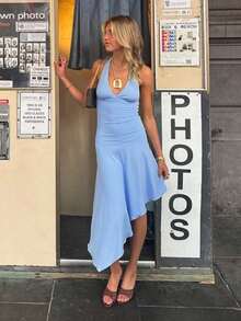 Hot Girl Party Dress Strappy A-Line Backless Mini Slim Fit Sexy Sassy Club Outfit - Negro - Ver 4