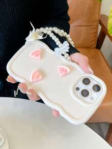1pc Ins-Style Wavy Edge Cake Phone Case • Niche Design With Pearl Bow Chain Shockproof, Anti-Slip & Scratch-Resistant Phone Case | Exclusive For IPhone 17 Pro Max | Compatible With IPhone 17/16/15/14/13/12/11 Series, S20-S25 Series, Note 14/13/12 Series & A56 5G | Perfect Valentine's Day / New Year Gift. - White - View 5