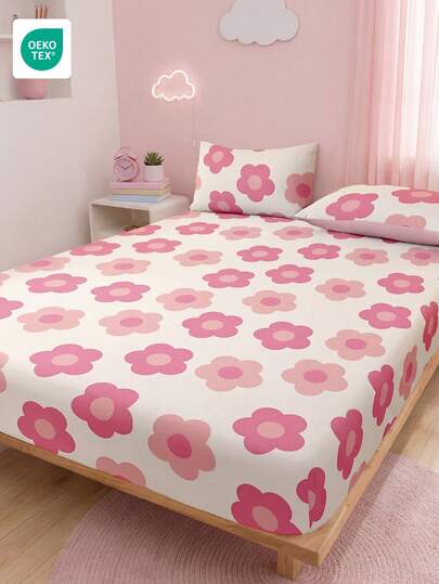 1件床裙，床上用品，床垫保护罩，床罩，床笠，舒适家纺，透气防起球床垫保护罩，粉色碎花图案床罩，家居装饰，适用于所有床型 - 单人床、双人床、大号床、特大号床，四季皆宜，防尘床笠，不含枕头和枕套，轻盈涤纶床裙