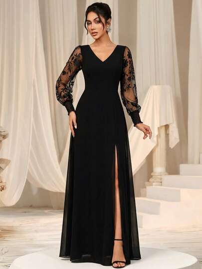 EVERPRETTY Spring Elegant Chiffon High Slit Lantern Sleeve Embroidery Black Bridesmaid Dress Wedding Guest For Wedding Semi Formal Dress Party