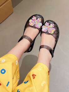 Giày sandal đính nơ lấp lánh cho bé gái, kiểu dáng công chúa hở mũi, quai ngang mắt cá chân, thích hợp cho mùa hè đi biển và mặc hàng ngày. - màu đen - Xem 1