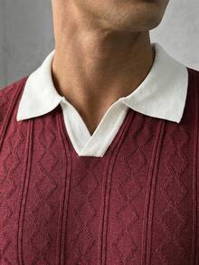 GRDR Men's Spring/Summer Collar Short Sleeve Diamond Pattern Patchwork Slim Fit Casual Stylish Knit Polo Shirt, Men's Knit Top - Red Violet - View 3