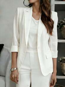 Áo blazer nữ màu trắng dáng regular, cổ áo bằng vải dệt, chi tiết cúc cài và tay áo thông thường. - trắng - Xem 7