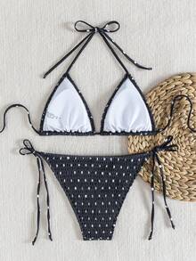 Bikini de dos piezas con estampado de leopardo y fruncido, conjunto de baño con tiras de amarre estilo europeo, bestseller todo el año para fiestas en la playa - Fondo negro con pequeños puntos blancos - View 7