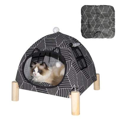 Cama de tienda elevada para mascotas 2 en 1 para gatos y perros pequeños, cueva de gato con marco de madera, cojín extraíble y lavable, y juguete interactivo, casa para mascotas con ventana transpirable para conejos, cachorros y gatitos
