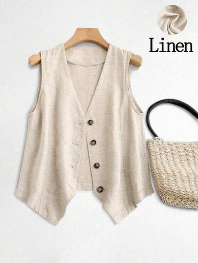 Plus Size Women Spring/Summer Casual Linen Blazer Vest