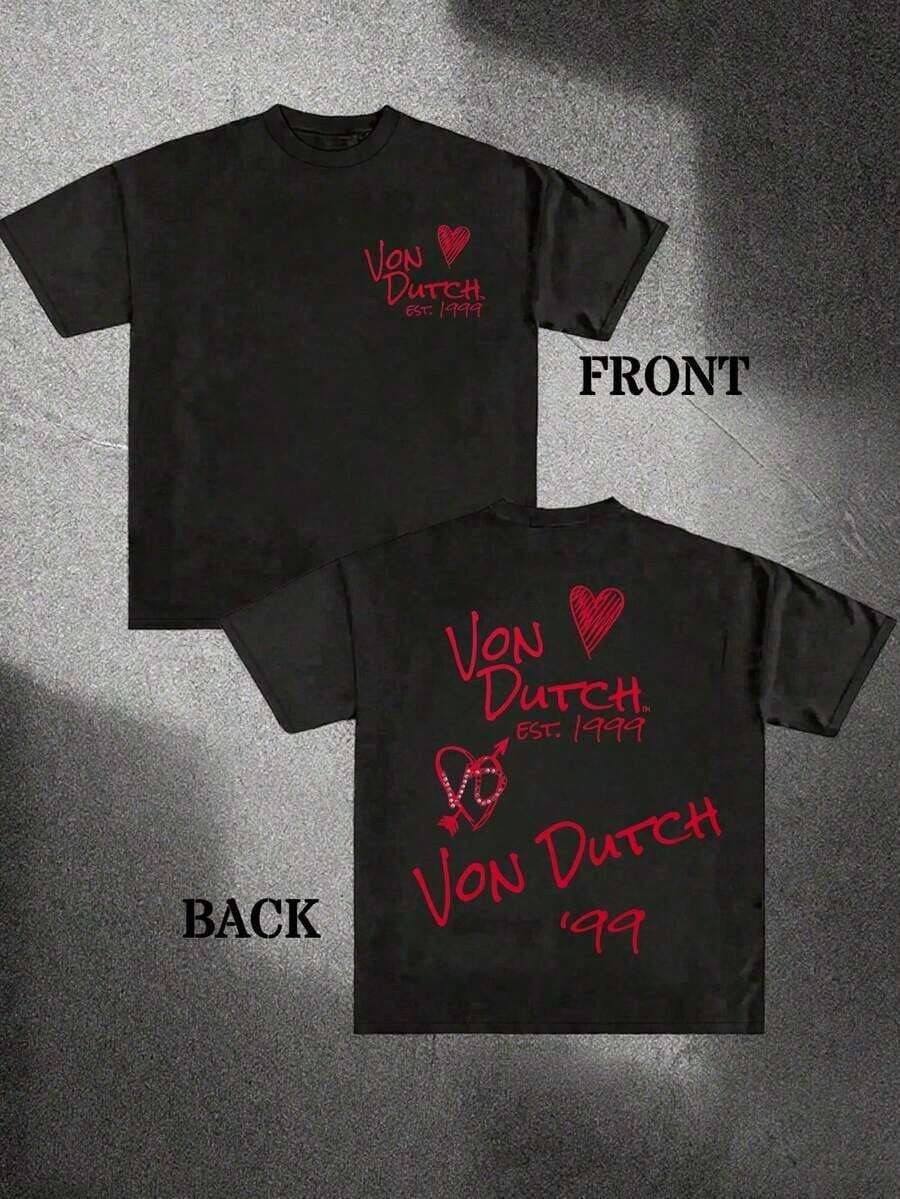 White 1pcs Women's Double-Sided Printing Von Dutchh Heart Logo With Key And Year 1999 Fabric Soft & Skin-Friendly Unisex Style Gifts For Spring Festival, Valentine's Day, St. Patrick's Day & World Cup-Van Dutch Dragon Print Women T Shirt Classic Americana Style Graphic Tee - 黑色 - 查看 1