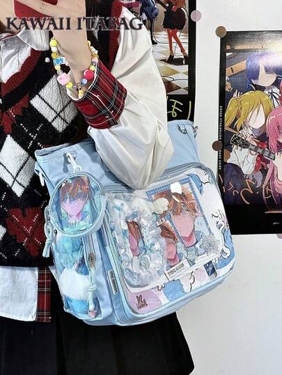 Nueva bolsa de hombro de estilo japonés universitario de nailon para mujeres con monederos redondos pequeños, bolsa transparente con ventanas donde se pueden colocar muñecas, bolsillo lateral, bolso Ita, bolso cruzado grande para estudiantes universitarios con placa para exhibir insignias, bolso de mano y bolso escolar