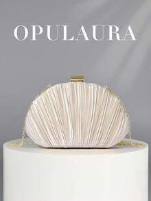 OpulAura 女士优雅奢华褶皱缎面盒形手拿包，浪漫婚礼手提包，迷人精致晚礼服包，简约杏色盒形钱包，配可拆卸链条，适合作为节日礼物 - 杏色 - 查看 6