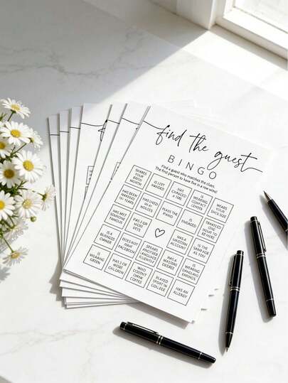 Bộ thẻ Bingo khởi động, thẻ Bingo đơn giản màu đen trắng với 24 gợi ý khởi động thú vị, phù hợp cho đám cưới, tiệc cô dâu, tiệc đính hôn, tiệc mừng em bé, tiệc tốt nghiệp và họp mặt.