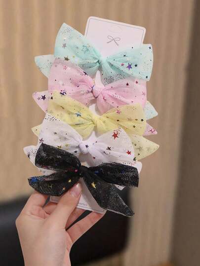 5个女士简约优雅多巴胺亮片蝴蝶结发夹，网纱星星闪亮蝴蝶发夹，适合春夏度假装饰（不含卡片）