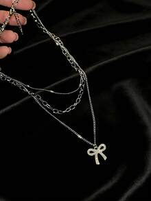 New Arrival Multi-Layer Rhinestone Bow Tie Choker Necklace For Women, Luxury Minimalist Delicate Necklace - Silver - View 9