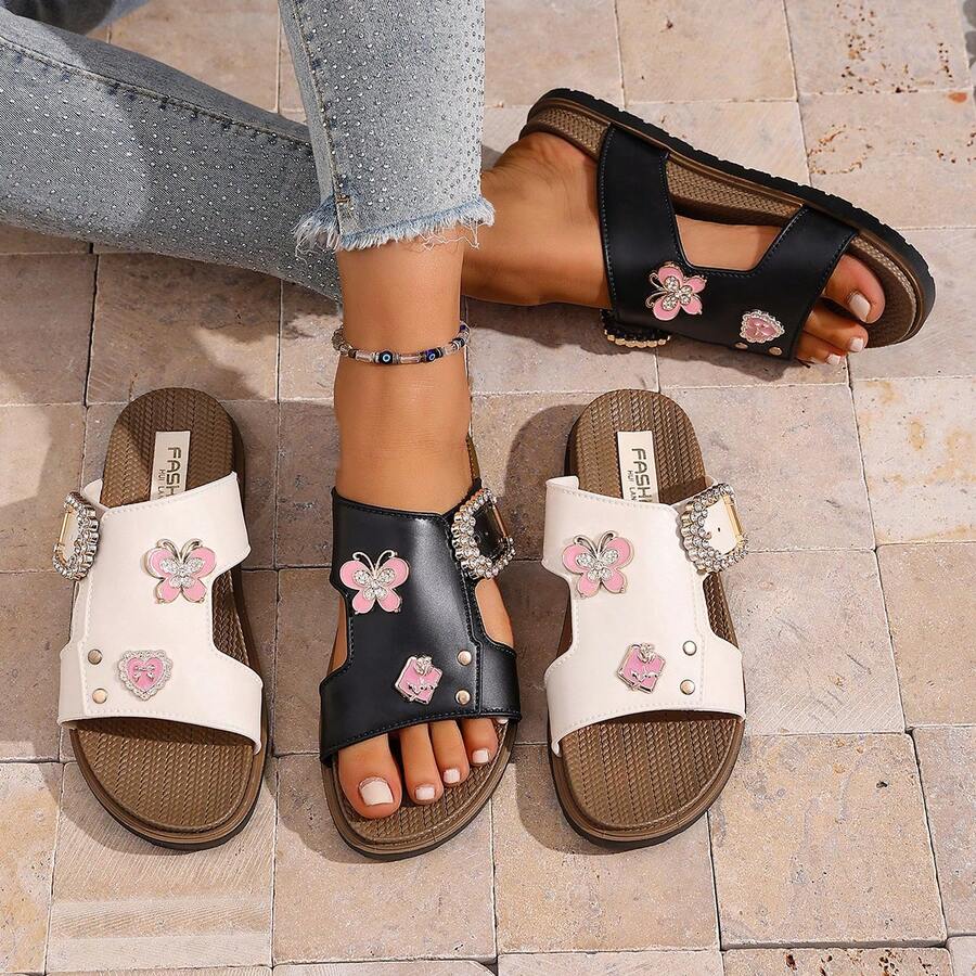 Beyond Paradise Solid Color Heart & Butterfly Rhinestone Decor Women's Flat Sandals, Suitable For Home, Beach, Vacation In Summer - Black - View 1