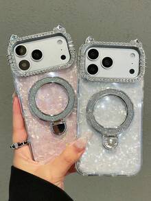 奢华360°闪亮指环支架磁吸无线充电手机壳,兼容 17 Pro Max、17 Pro Air、16、15、14、13、12、11 Pro Max、16、15、14 Plus,激光切割图案防震保护后盖 - 粉色 - 查看 5