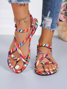 Sandalias planas elegantes para mujer, sandalias deportivas cómodas de estilo bohemio con estampado floral arcoíris para la playa, sandalias planas minimalistas de punta cuadrada de estilo retro para uso casual - colores del arcoíris - Ver 3