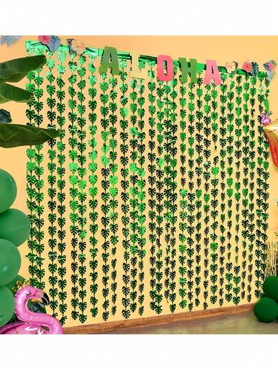 3pcs Leaf Metal Foil Tassel Curtain, Monster Leaf Metal Tassel Curtain Decor, Suitable For Safari Theme, Animal Birthday Party, Tropical Theme, Hawaii Theme Party Decoration