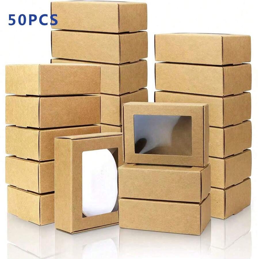 50个带窗口的礼品盒，适用于糖果、巧克力、珠宝等，节日礼品包装盒，生日派对礼品盒，毕业典礼礼品盒 - 棕色 - 查看 1