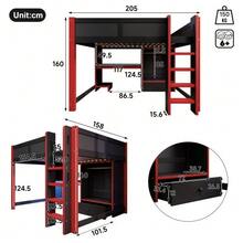 140 X 200 Cm Loft Bed With LED Lighting, Gaming Bed With Desk, Ladder, Wardrobe, Large Drawers, Mattress Not Included, Black And Red. - Black - View 3