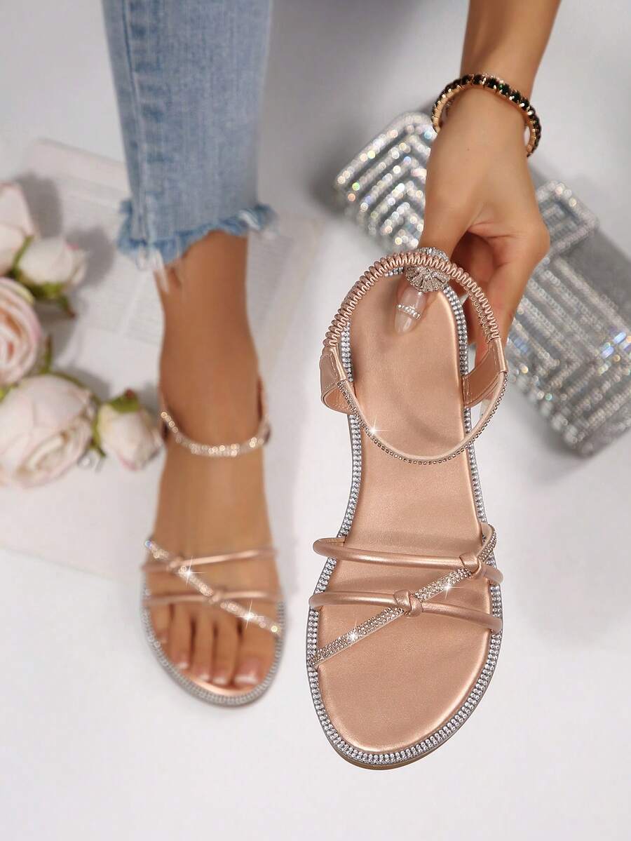 Fairy Style Rhinestone Buckle Sandals, Women's New Round Toe Thin Strap Elastic Back Flat Glitter Slides For Summer - Champagne - View 1