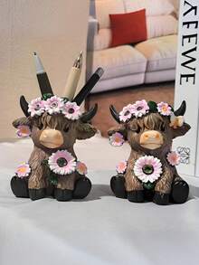 Resin Highland Cow Planter And Pen Holder - Cute Animal Desktop Storage, Mini Succulent Planter And Pen Cup, Suitable For Home, Office, Desk And Patio - Ideal Housewarming And Plant Lover Gift (A) - Multiple Styles - View 9