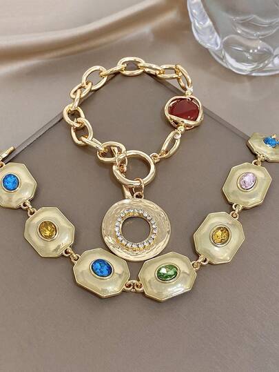 Conjunto de pulsera y collar con cadena de circonita y gemas de colores vintage chapado en oro de 18K, joyería retro para mujeres y damas, joyería bohemia de verano para playa, vacaciones, regalos para mamá, para fiestas diarias, galas, bodas, San Valentín, aniversarios, festivales de música, Navidad, citas, Pascua