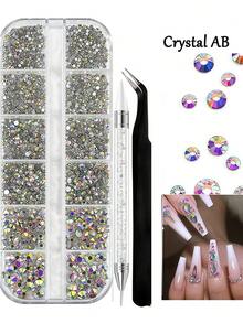 2000pcs 3D Clear Crystal Rhinestones, Flat Shiny AB Nail Gems With Tweezers, Dotting Pen And 12-Slot 6 Sizes 3D Round Crystals, Suitable For Nail Art, Face Makeup, DIY Crafts - Multicolor - View 2