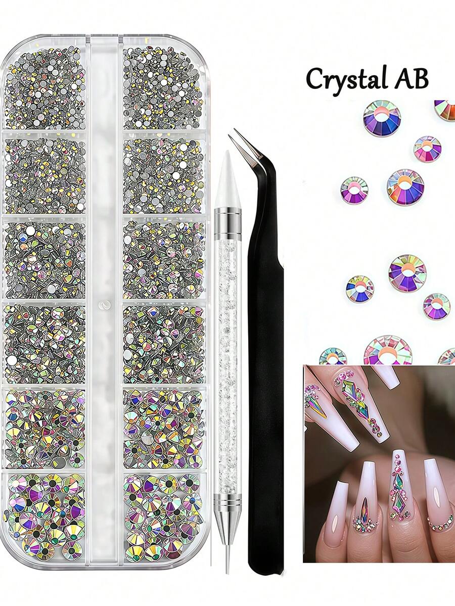 2000pcs 3D Clear Crystal Rhinestones, Flat Shiny AB Nail Gems With Tweezers, Dotting Pen And 12-Slot 6 Sizes 3D Round Crystals, Suitable For Nail Art, Face Makeup, DIY Crafts