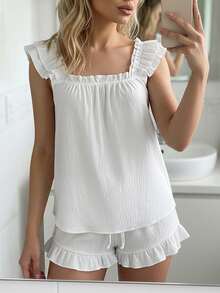 Women's Summer Lounge Set Ruffle Shoulder Strap Tank Tops Drawstring Shorts Sleepwear Sets Bridal Pajama Set For Women - White - View 7