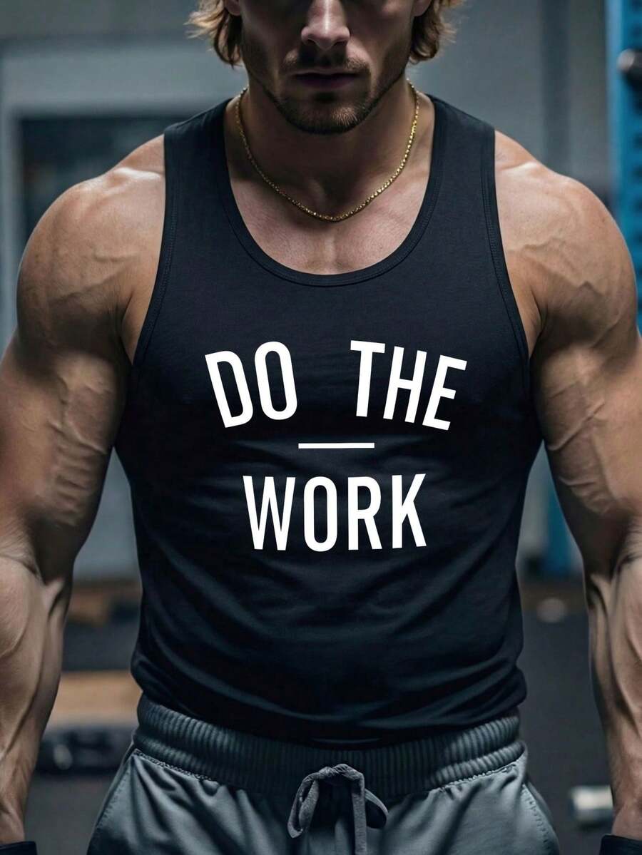 Inspirational Text Print Tank Top, Men's Casual Sleeveless Crew Neck Shirt, American Street Style - Black - View 1