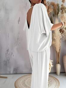 New Women's Fashionable Batwing Sleeve Set Is Suitable Work, Date, Commuting, Party, And Daily Casual Wear. It Offers Comfortable Clothing, - 白色 - 查看 1