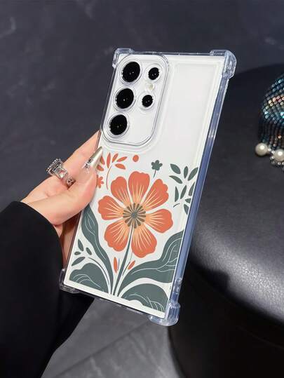 Capa transparente minimalista com estampa floral delicada de girassol e airbag anti-queda (1 unidade) compatível com Samsung A14/A15/A16/A17/A04/A05/A06/A07/A54/A55/A56/A57/A34/A35A/36/A37/S26/S26Plus/S26Ultra, 12C/13C/14C/15C, Honor 400/400Pro/400Lite/300/300Pro/200, C85 Pro/C75/C71/C63/C53