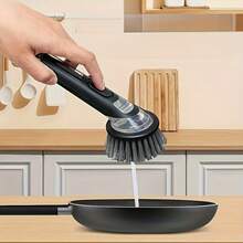 1 cái cọ nồi có bình đựng xà phòng, cọ rửa chén bát dùng để làm sạch bát đĩa, nồi, chảo và bồn rửa, dụng cụ rửa chén, đồ dùng nhà bếp. - Đen - Xem 5