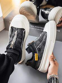 牛仔布拼接魔术贴帆布鞋，厚底休闲运动鞋，拉链设计滑板鞋 - 黑色 - 查看 4